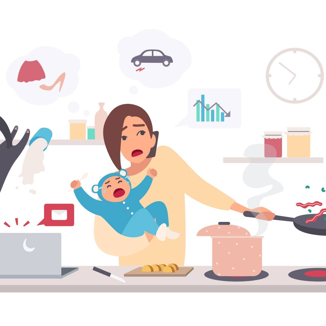 Illustration of a mother trying to juggle housework while looking after a baby