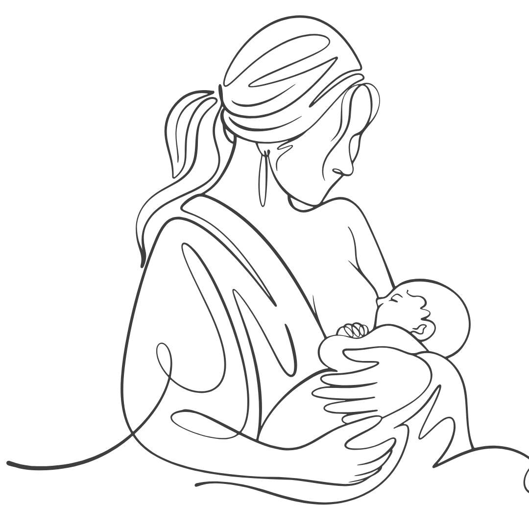 Line drawing of a mother breastfeeding her baby