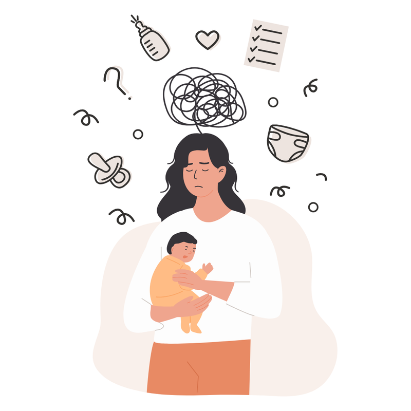 Illustration of a new mother confused by all the information surrouding her