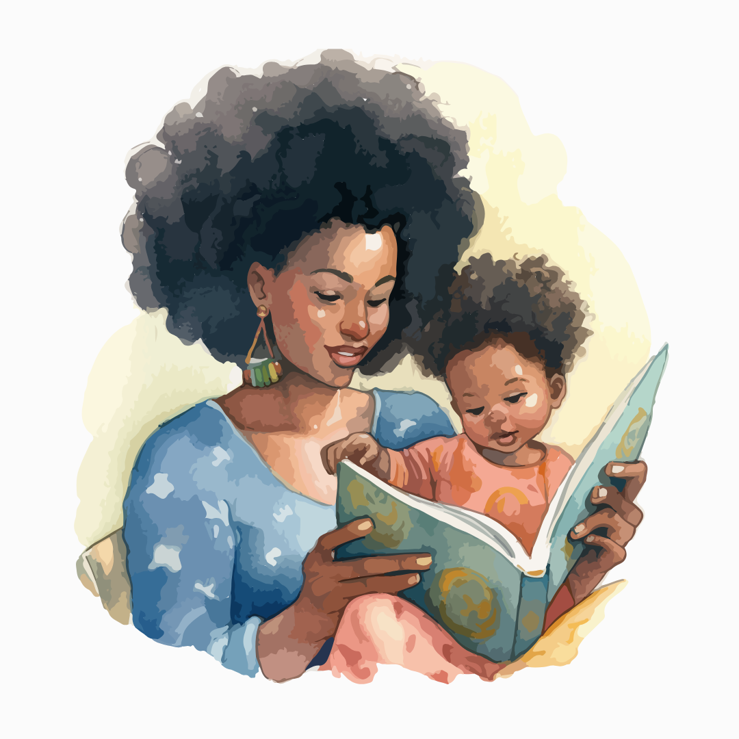 Illustration of a mother reading to her child